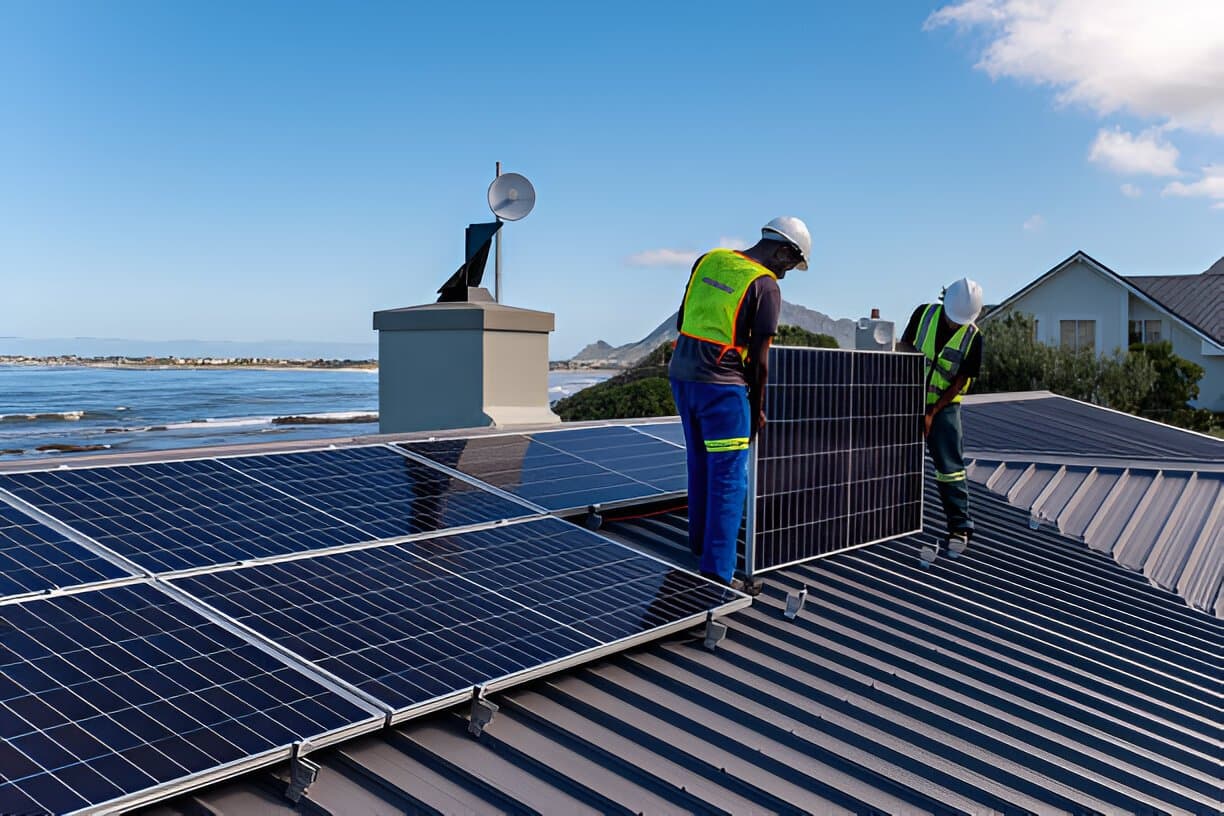 Boost Power installers fitting solar panels on a metal roof